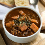 1 pot sweet potato lentil soup in white bowl