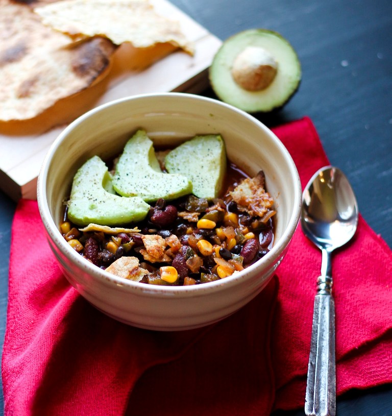 30 Minute 1 Pot Mexican Chili with avocado in bowl