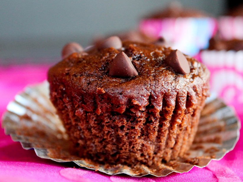 Closeup view of vegan chocolate chip cherry muffin