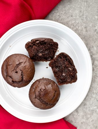 white plate with 3 vegan chocolate muffins