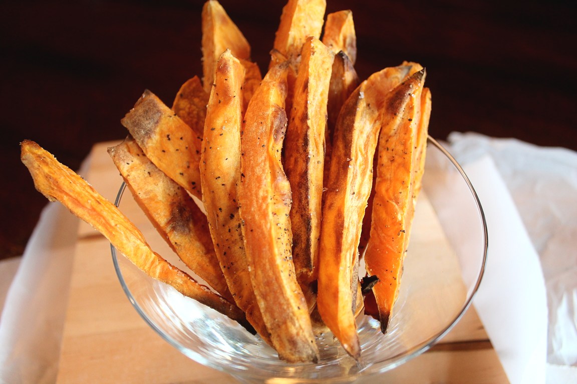 sweet potato fries in glass dish