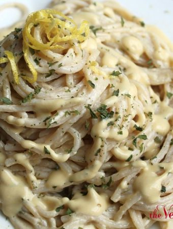 Vegan garlic alfredo sauce and pasta on plate