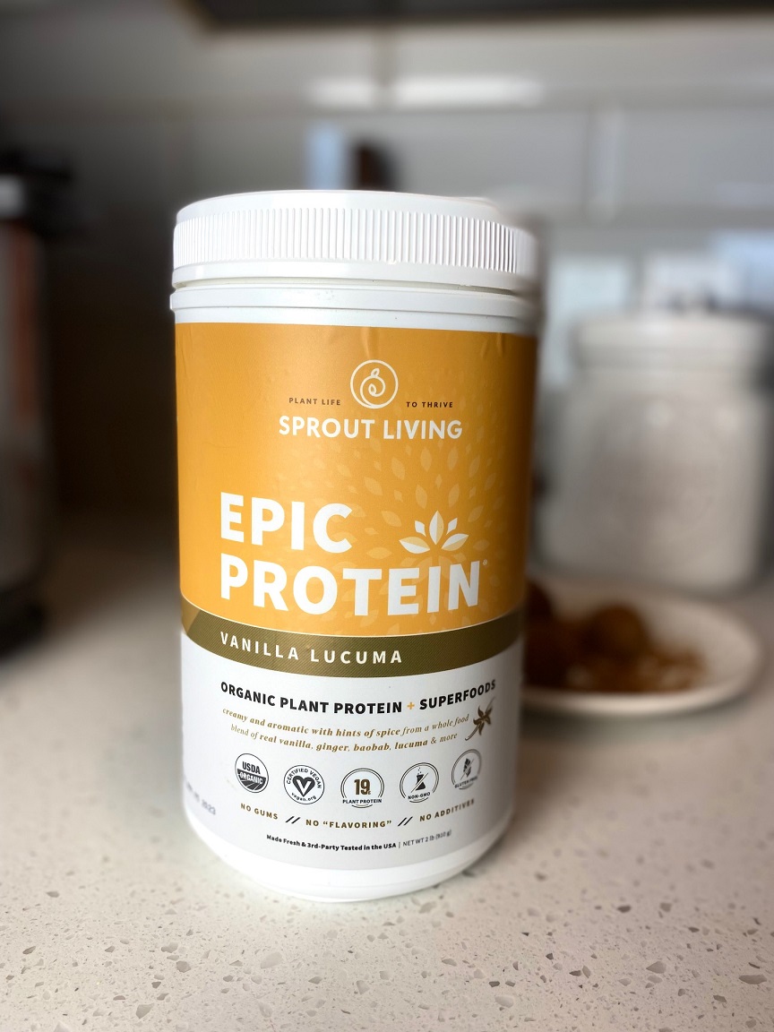 vegan vanilla protein powder on counter