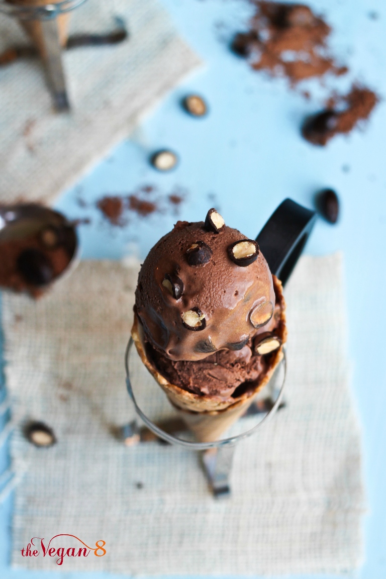 vegan dark chocolate almond ice cream in ice cream cone