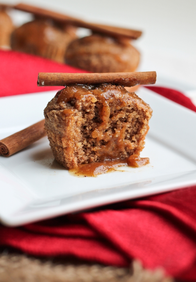 Inside fluffy view of vegan sweet potato cinnamon muffin with caramel