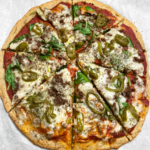 overhead shot of baked vegan pizza