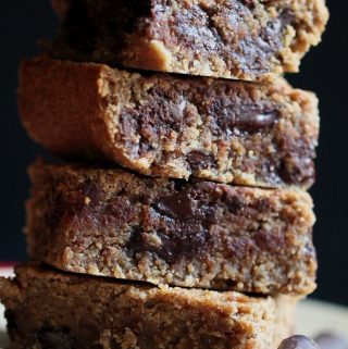 Closeup view of stack of almond butter blondies