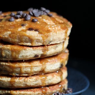 stack of vegan peanut butter pancakes with chocoalte chips