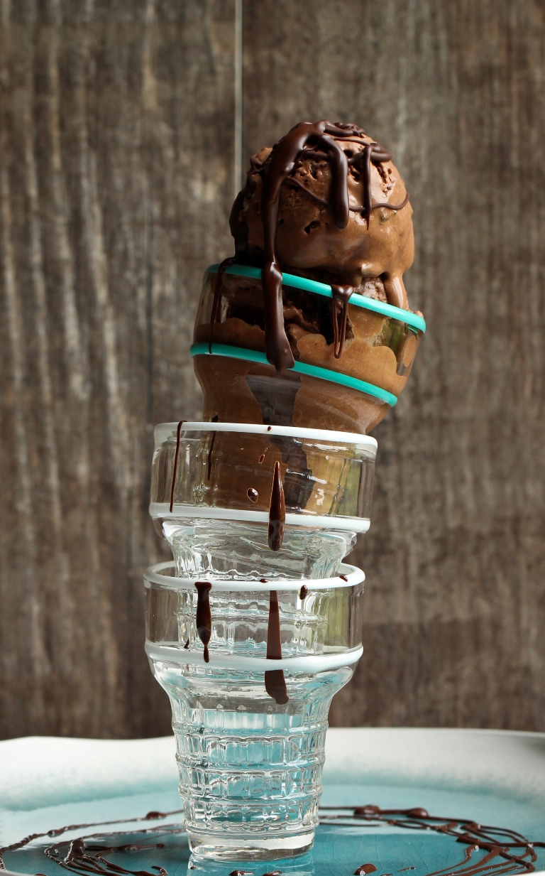 Vegan 4 ingredient chocolate ice cream in glass cones