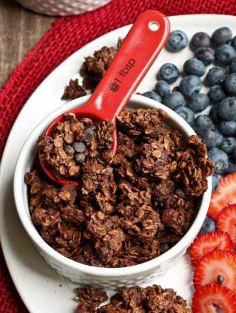 red spoon in white bowl of dark chocolate molasses granola
