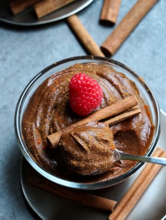 Spoon dipping into Mexican Chocolate Sweet potato pudding