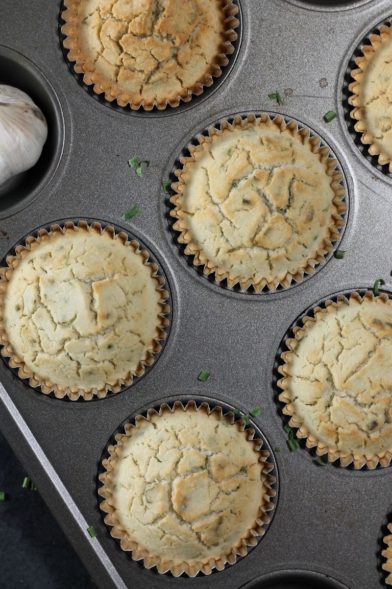 vegan garlic chive muffins in muffin tray