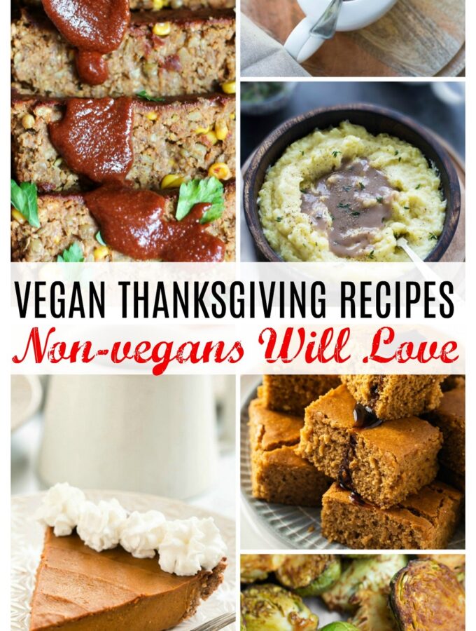 collage of vegan thanksgiving main dishes, sides and desserts