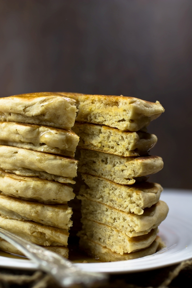 Closeup view of inside shot of fluffy vegan pancakes