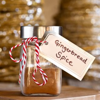 glass jar of gingerbread spice mix with label
