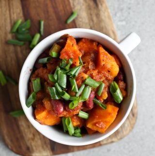 Vegan Sweet Potato Chili in white bowl