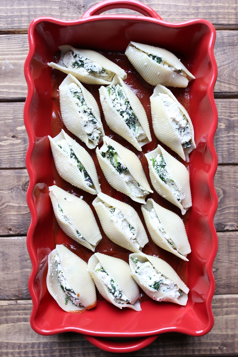 Pre-baked stuffed jumbo shells and vegan almond ricotta and spinach