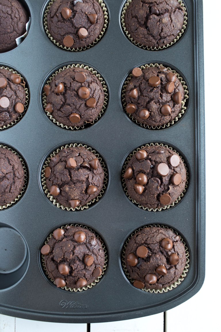 Baked tray of vegan chocolate zucchini muffins