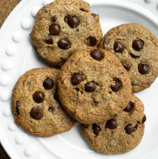 almond butter chocolate chip cookies on white plate