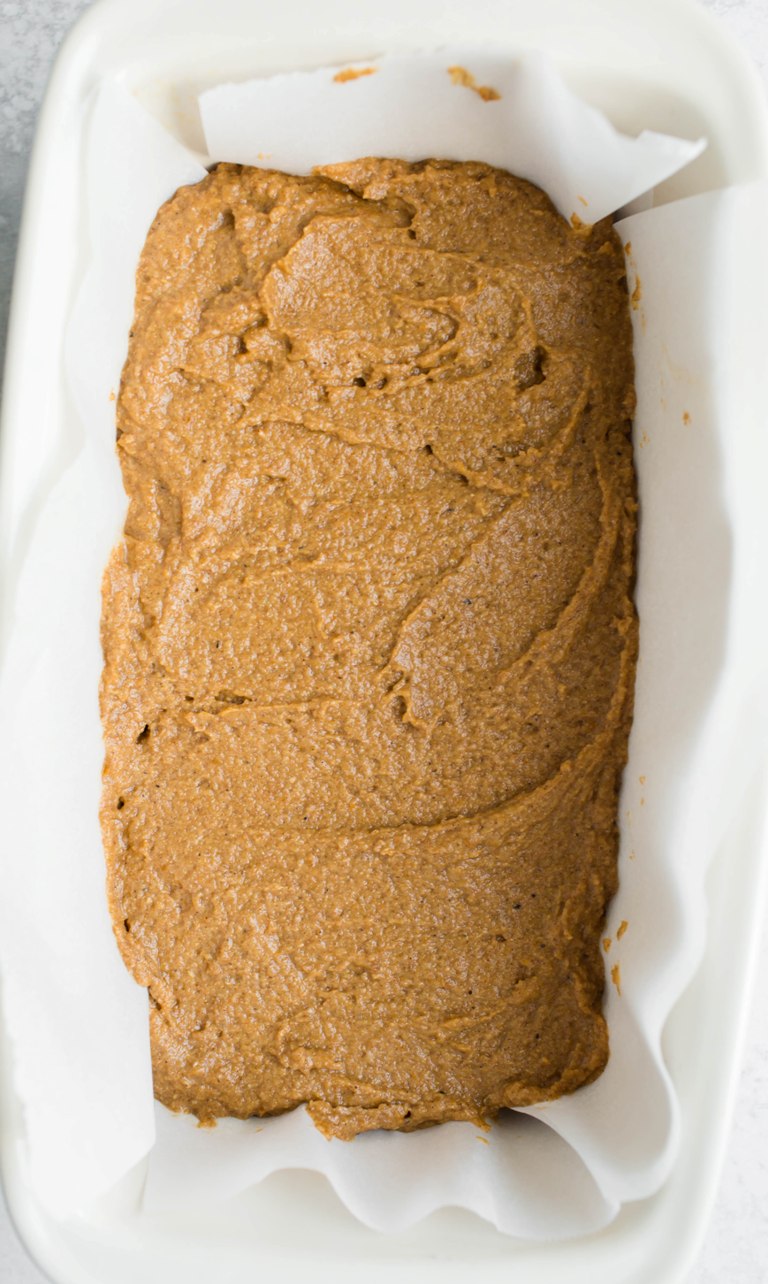 vegan pumpkin batter in loaf pan before baking