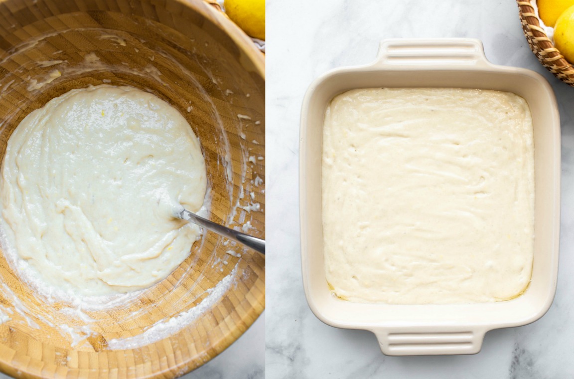 collage of lemon cake batter in bowl and baking square dish