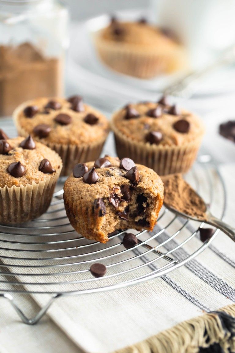 chai muffins on rack with chocolate chips