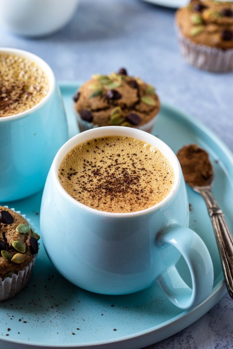 blue mug of vegan pumpkin spice latte with cinnamon sprinkles on top