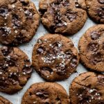 overhead of vegan chocolate cookies with espresso and sea salt