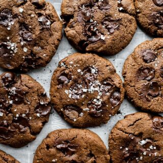 overhead of vegan chocolate cookies with espresso and sea salt