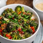 closeup white bowl of vegan teriyaki veggies over white rice