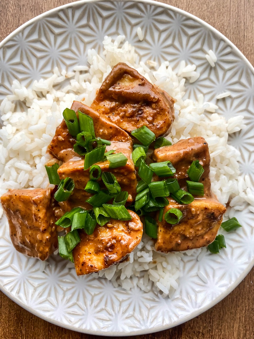 overhead shot of tofu with green onions and white rice