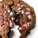 closeup of chocolate peppermint cookie on white plate
