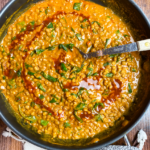 overhead shot of pan of enchilada lentils