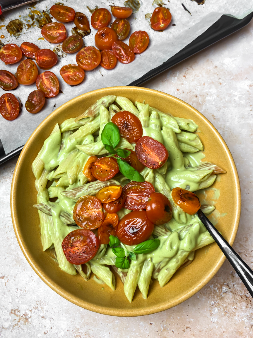 overhead shot of bowl of basil pasta