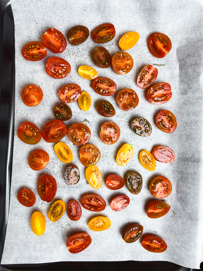 tray of cherry tomatoes before roasting