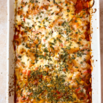 overhead shot of baked rigatoni dish