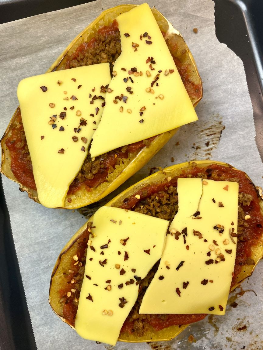 spaghetti squash topped with vegan ground beef and cheese
