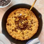 overhead shot of vegan gluten free skillet chocolate chip cookie