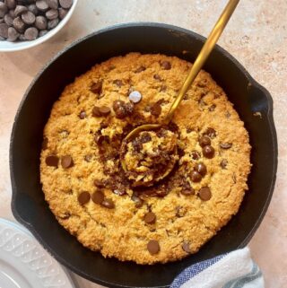 overhead shot of vegan gluten free skillet chocolate chip cookie