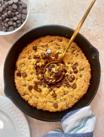 overhead shot of vegan gluten free skillet chocolate chip cookie
